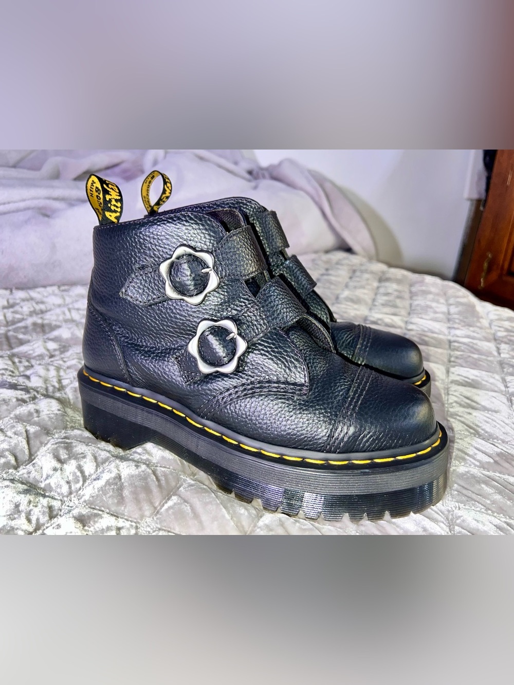 Devon Flower Buckle Leather Platform Boots